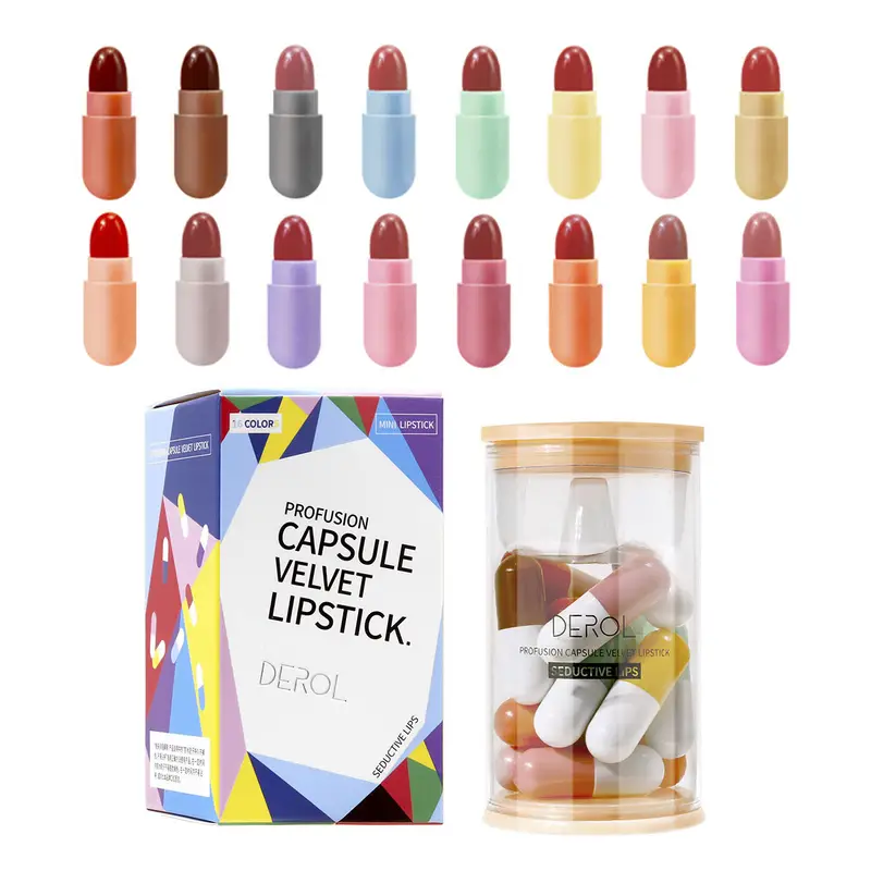 16PCS/Set Cute Mini Lipstick Set, Long Lasting Colorful Capsule Lipgloss Matte Velvet Portable Mini Lipstick Set Valentine's Day Gifts