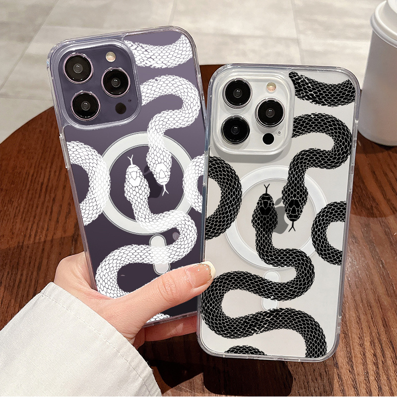 For Magnetic Wireless Charging Green Snake Pattern Luxury Phone Case For  Iphone 11 14 13 12 Pro Max Xr Xs 7 8 Plus Black Anti Slip Anti Fingerprint  Fall Car Shockproof Compatible