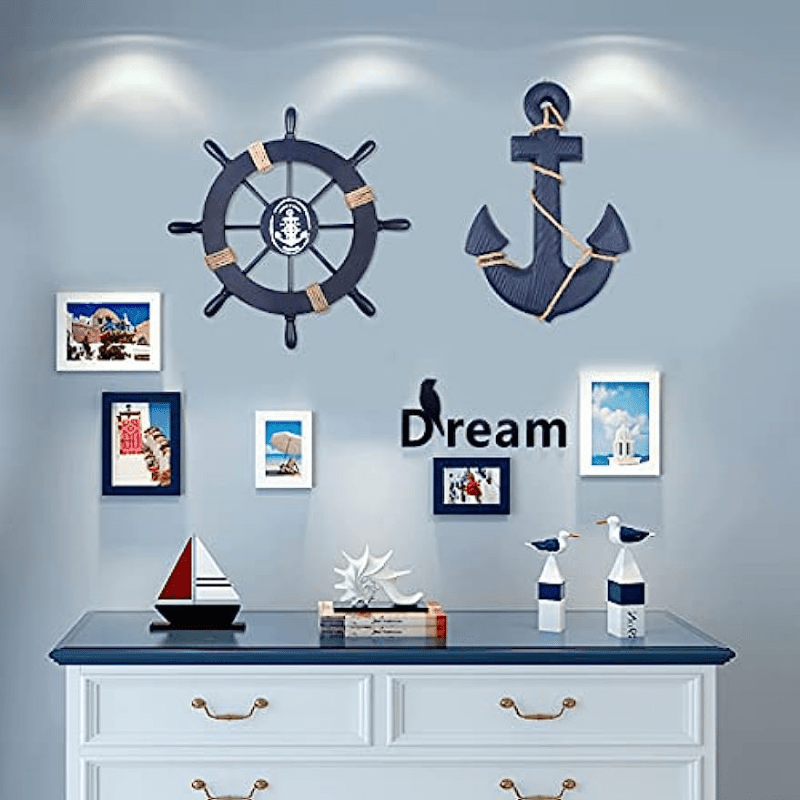  2 Pack 11 Nautical Beach Wooden Ship Wheel and 11 Wooden  Anchor with Rope Nautical Boat Steering Wheel Rudder Anchor Wall Art Decor  Door Hanging Ornament Beach Theme Home Decoration(White&Blue) 