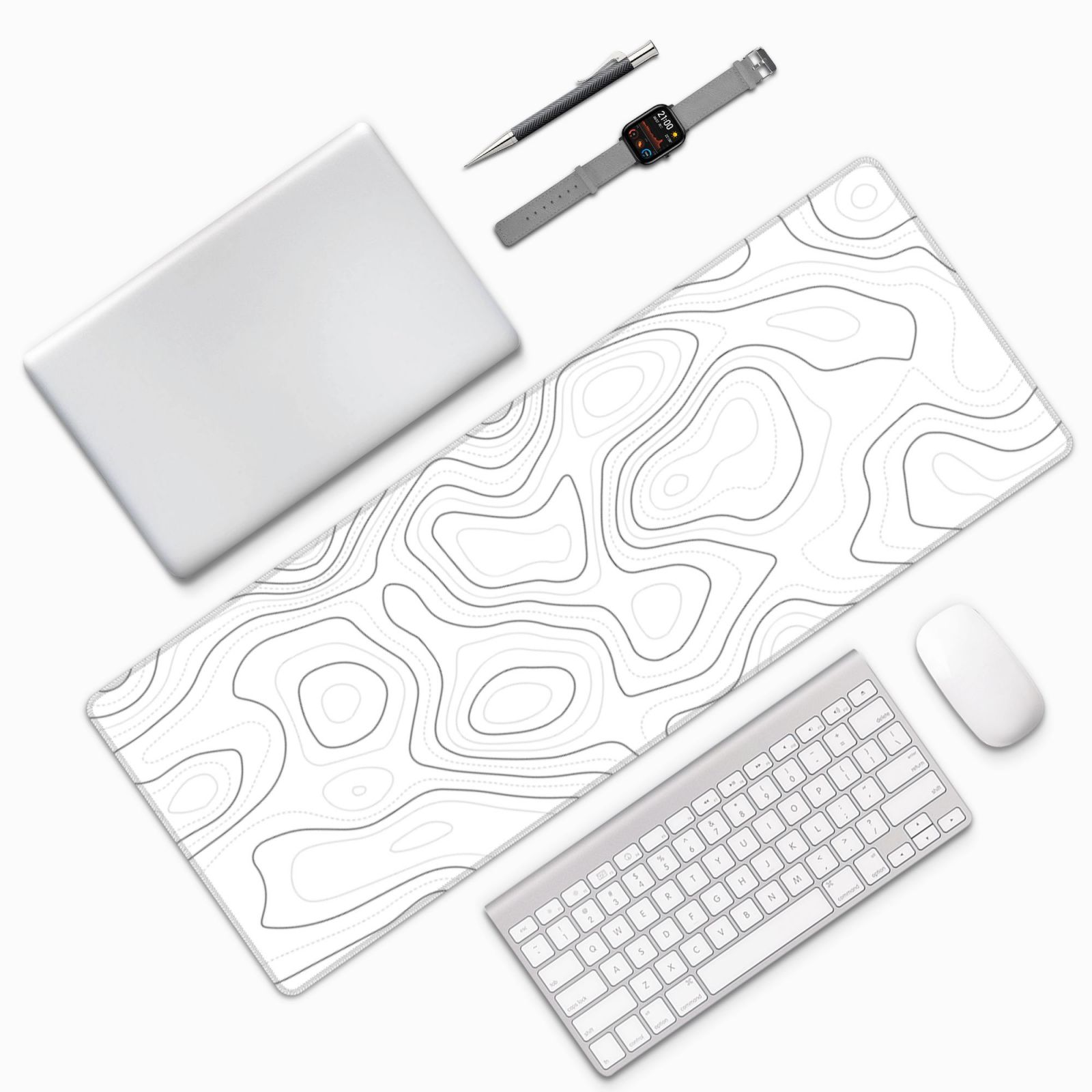 Grand tapis de souris de jeu topographique minimaliste blanc, 80 x