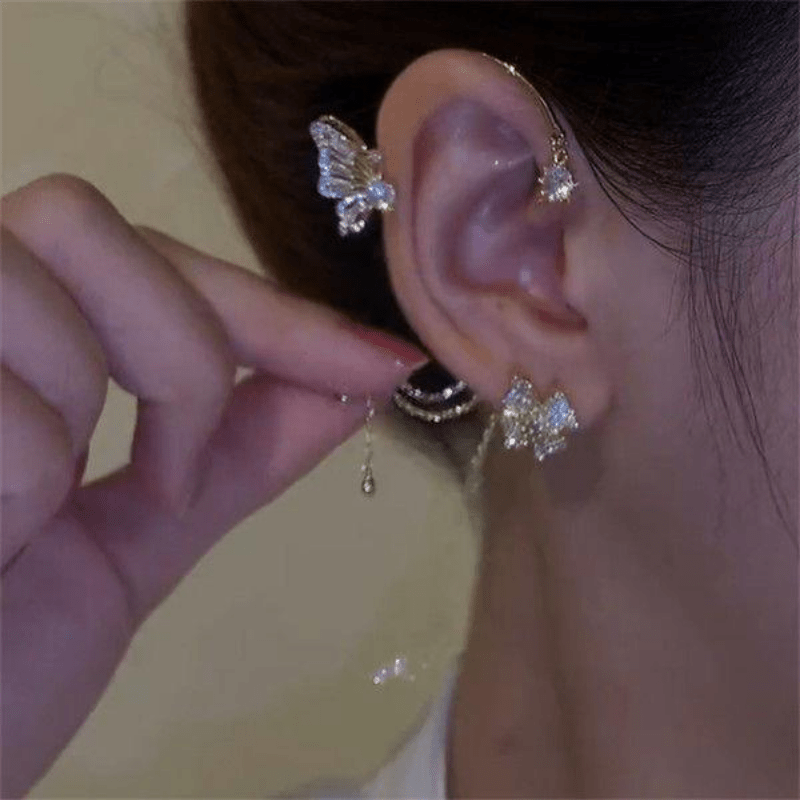 Korean Fashion Simple Zircon Fake Cartilage Long Tassel Ear Cuff Gold Color  Moon Star Clip Earrings for Women Jewelry Gift