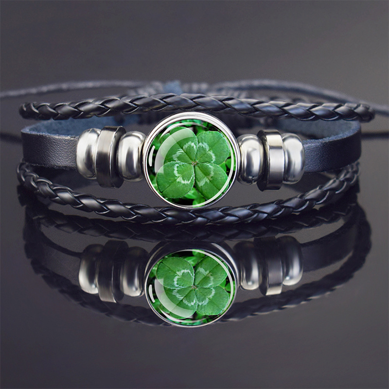 1pc Clover Pu Leather Bracelets Glass Dome Multilayer Weave Charm Bracelet For Men Women Adjustable Bangle Jewelry St Patrick's Day Gifts
