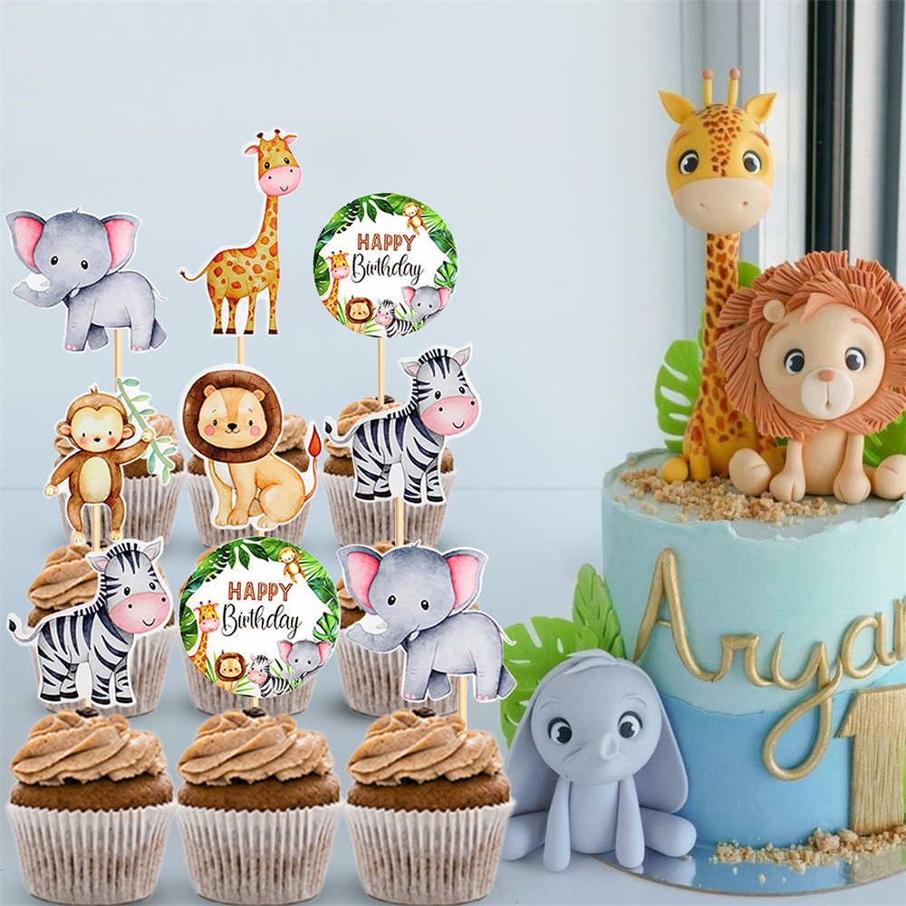 6pcs, Watercolor Animal Theme Cup Cake Topper Cake Decoration For Wild One  Jungle Safari Birthday Party Decorations Supplies Baby Shower, Dessert Tabl