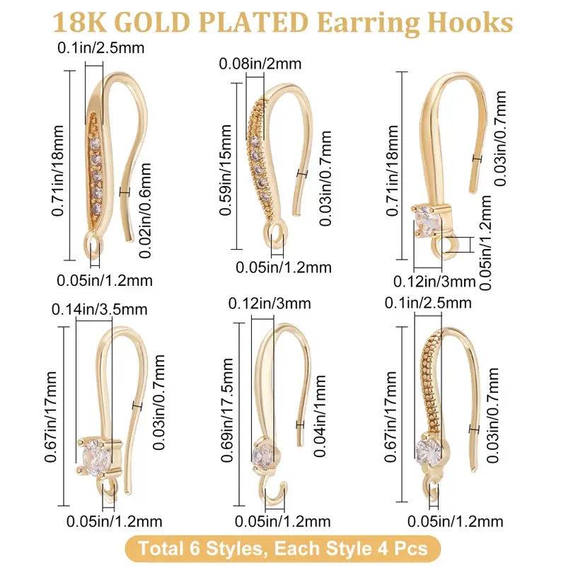 6 Styles Cubic Zirconia Decor Earring Hooks 18k Golden - Temu