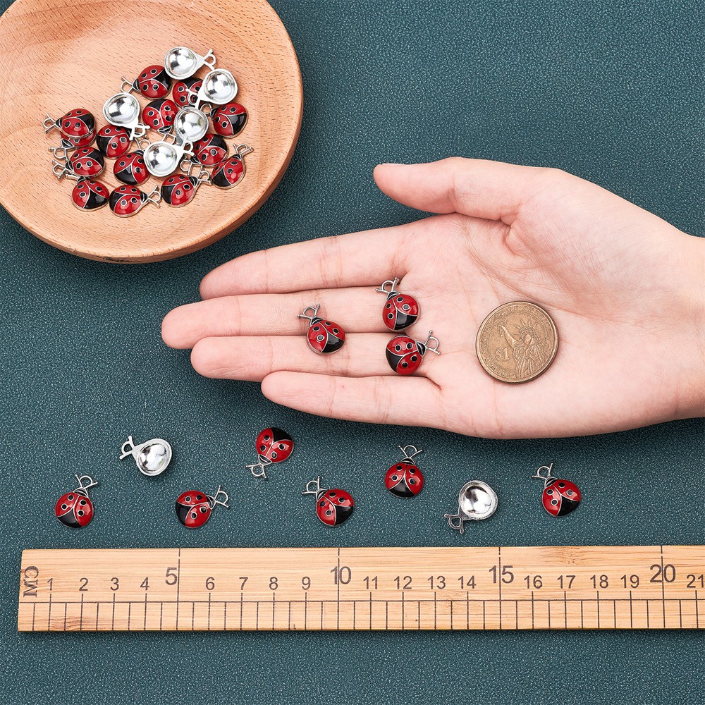 30pcs Ladybug Enamel Pendants for DIY Jewelry Making