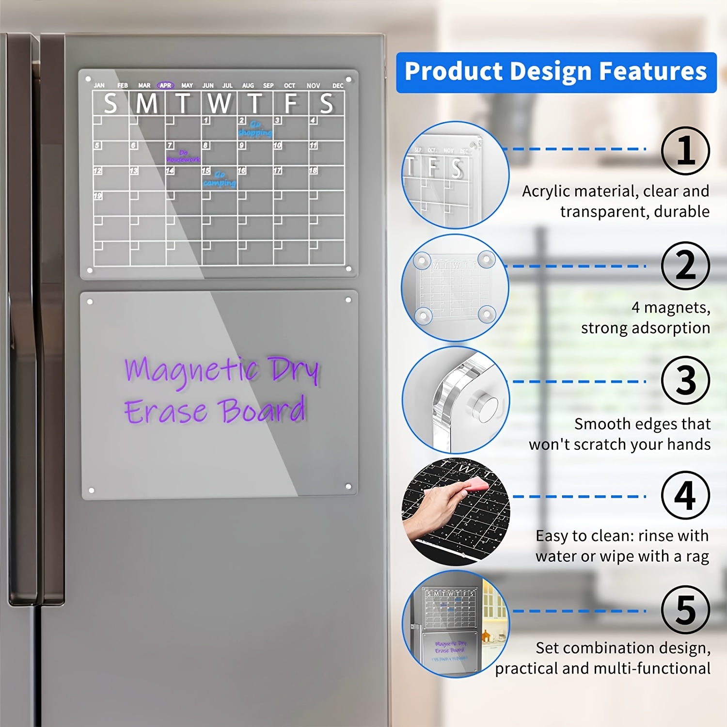 16”x12 Acrylic Magnetic Calendar for Fridge，Magnetic Dry Erase Calendar  Board for Fridge, 2 Set