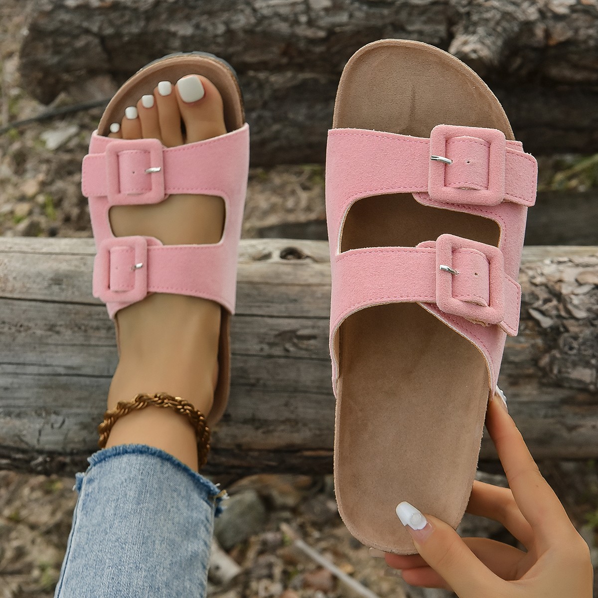 Hot pink double online buckle sandals