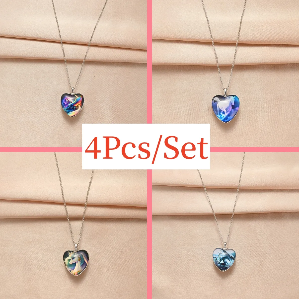 4pcs Trendy Exquisite Unicorn Heart-shaped Necklaces, Creative Pendant  Necklace, Cute Necklace, Party Jewelry, Holiday Birthday Gift For Friends