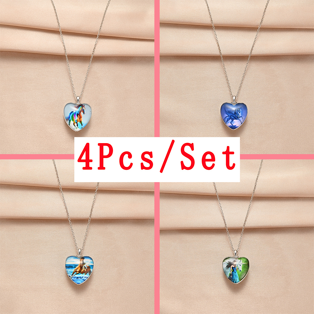 4pcs Trendy Exquisite Unicorn Heart-shaped Necklaces, Creative Pendant  Necklace, Cute Necklace, Party Jewelry, Holiday Birthday Gift For Friends