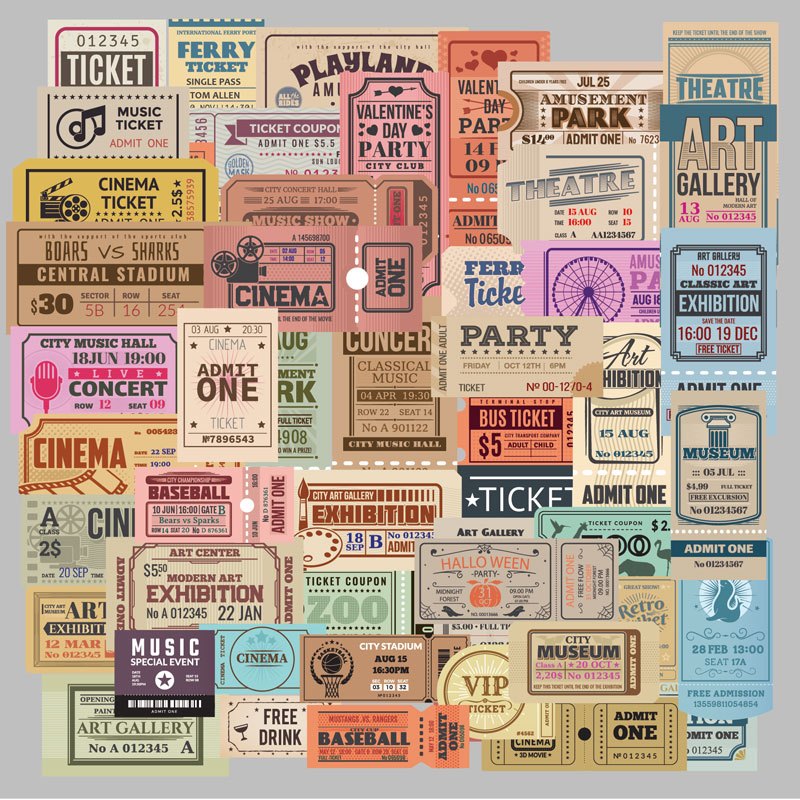 50pcs Vintage-inspired Ticket Stickers - , Self-adhesive & Crafting Decals With Retro Cinema, Theater, And Event Designs For Roller Skating And Cycling , Diy Projects & Student Stationery, Stickers