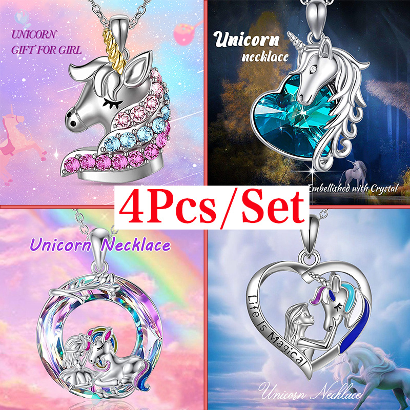 4pcs Trendy Exquisite Unicorn Heart-shaped Necklaces, Creative Pendant  Necklace, Cute Necklace, Party Jewelry, Holiday Birthday Gift For Friends