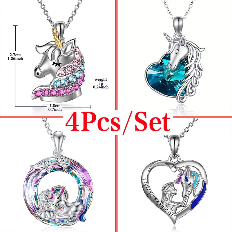 4pcs Trendy Exquisite Unicorn Heart-shaped Necklaces, Creative Pendant  Necklace, Cute Necklace, Party Jewelry, Holiday Birthday Gift For Friends