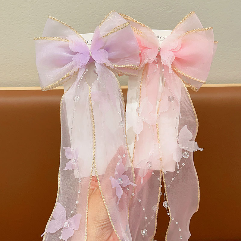 Mesh Butterfly Ribbon Bow With Streamers Hair Clip For Girls' Back