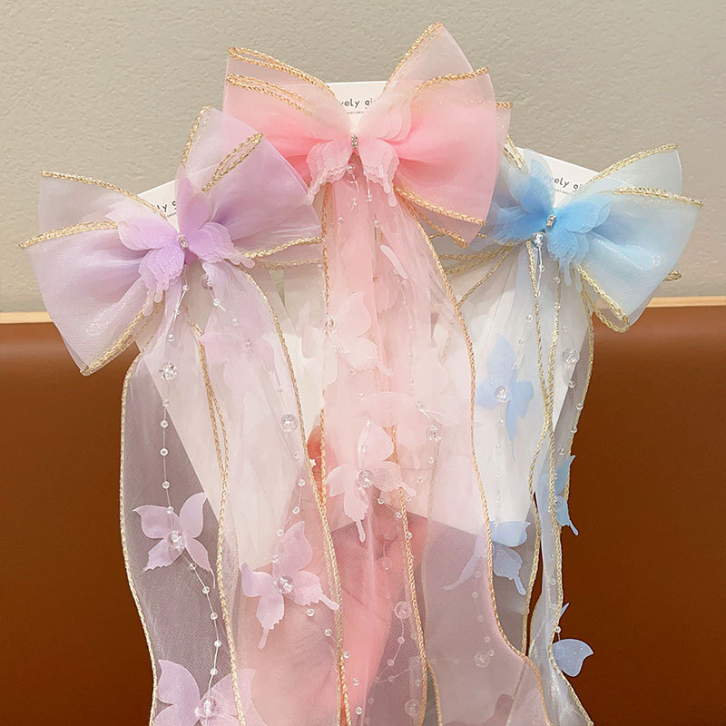 Mesh Butterfly Ribbon Bow With Streamers Hair Clip For Girls' Back