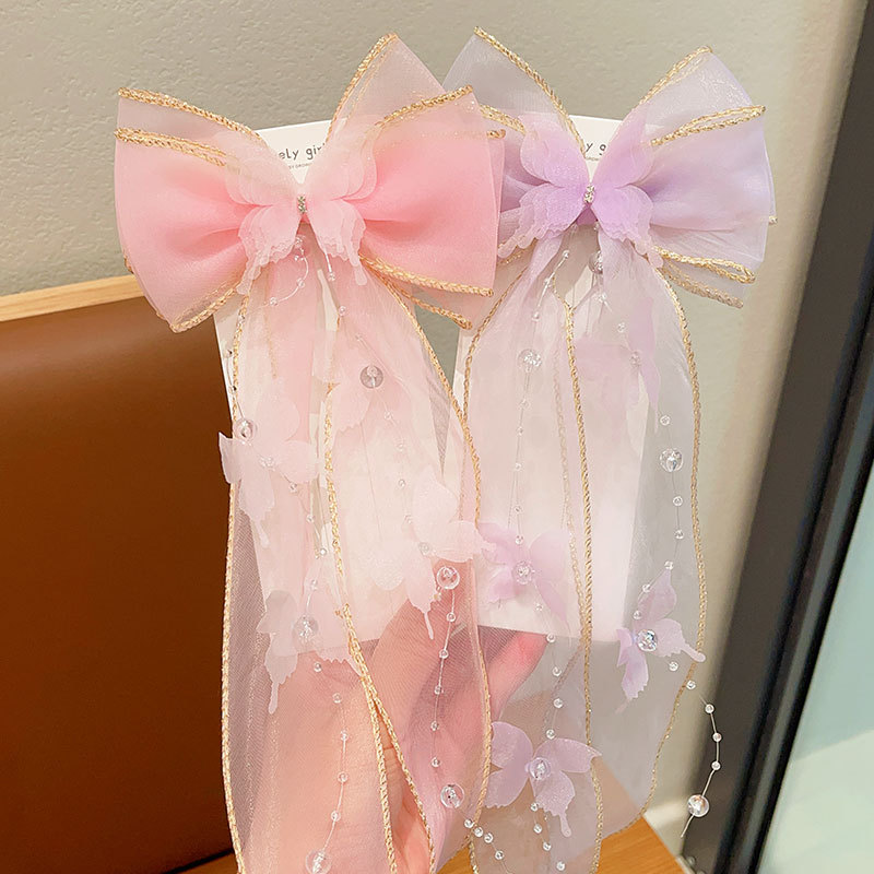 Mesh Butterfly Ribbon Bow With Streamers Hair Clip For Girls' Back Head,  Large Hairpin Hair Accessory