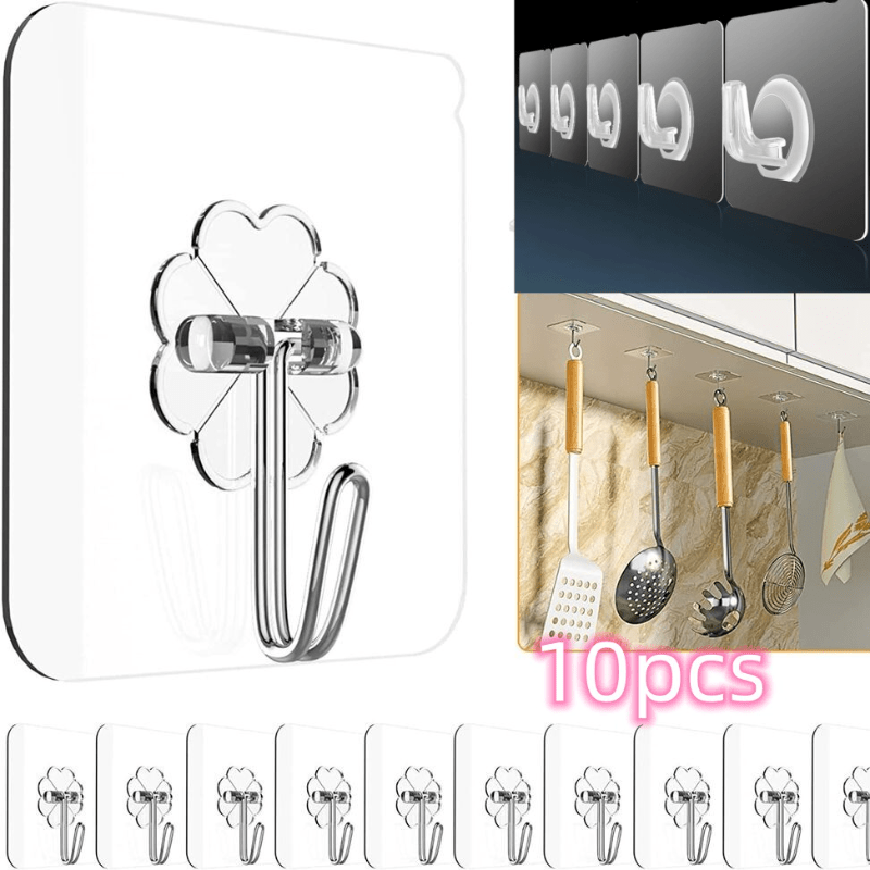 10pcs Self-adhesive Strong Adhesive Hook, Heavy Duty Wall Seamless  Transparent Hook, Transparent Adhesive Hook, Wall Mounted Heavy Duty  Adhesive Hook