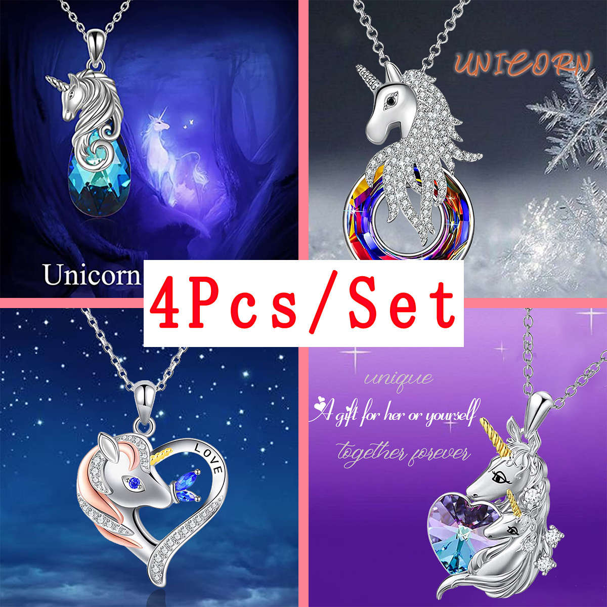 4pcs Trendy Exquisite Unicorn Heart-shaped Necklaces, Creative Pendant  Necklace, Cute Necklace, Party Jewelry, Holiday Birthday Gift For Friends