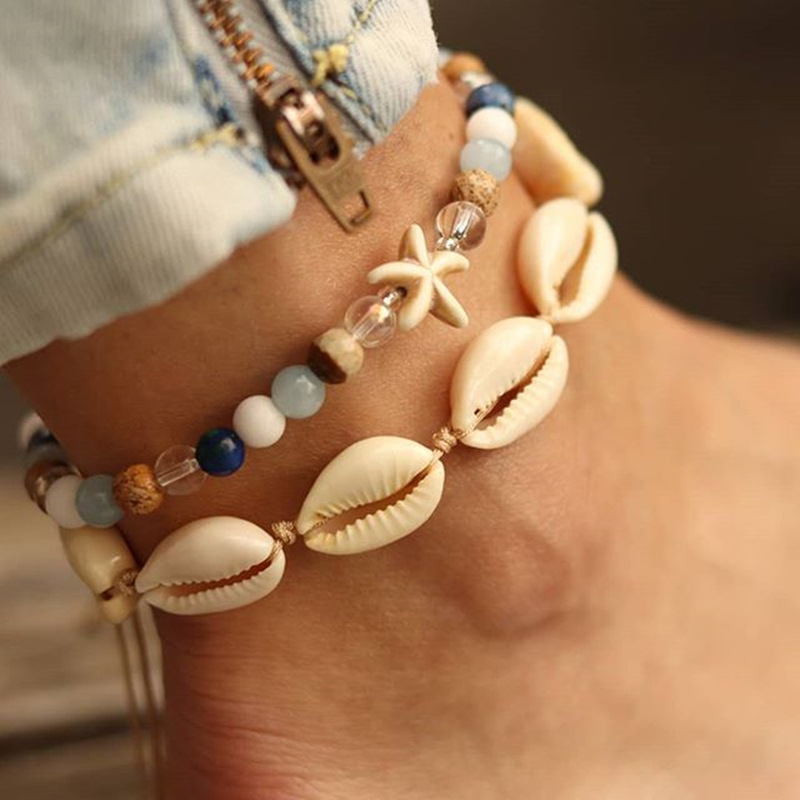 Elastic Summer Beach Ocean Style Beaded Anklet Set With Mini Rice