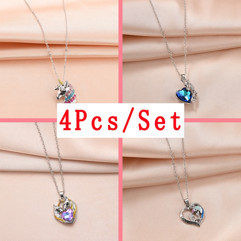 4pcs Trendy Exquisite Unicorn Heart-shaped Necklaces, Creative Pendant  Necklace, Cute Necklace, Party Jewelry, Holiday Birthday Gift For Friends