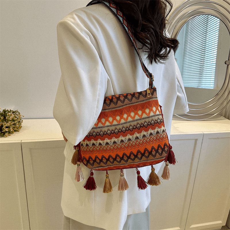 Vintage * Tote Bag, Retro Bohemian Shoulder Bag, Women's Summer Tassel  Handbag & Purse