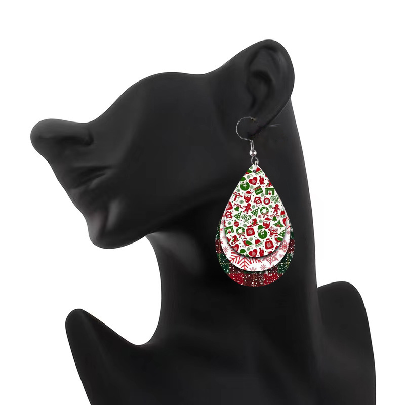 1pair Halloween Leopard Print Mixed Color Water Drop Shape Pu Leather  Dangle Earrings Suitable For Women To Wear