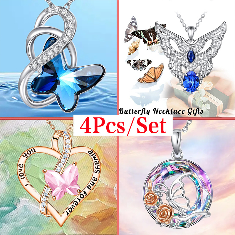 4pcs Trendy Retro Butterfly Heart-shaped Necklaces, Creative Pendant  Necklace, Cute Necklace, Party Jewelry, Holiday Birthday Gift For Friends  Family