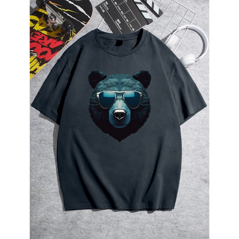 

Men's T-shirt, Cool Bear Head With Sunglasses Graphic Print Sports T-shirt For Summer, Loose Fit Short Sleeve Tees, Perfect For Big & Tall Males, Plus Size