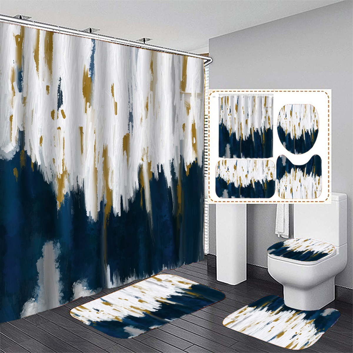 4Pcs Blue Shower Curtain Sets with Non-Slip Rugs, Toilet Lid Cover and Bath  Mat, Black and Gray Bathroom Decor Set Accessories Fabric Waterproof Shower  Curtains with 12 Hooks, 72 x 72 Inch 