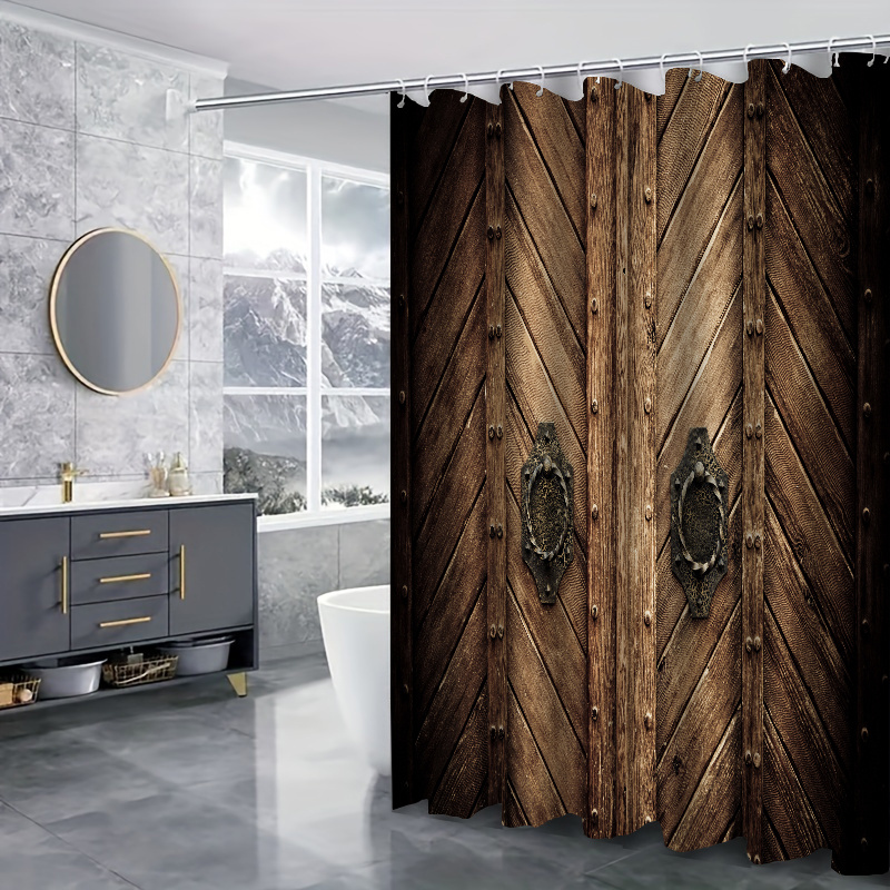 1pc Rustic Farmhouse Shower Curtain with Wood Texture and Barn Door Design  - Waterproof and Easy to Hang with Plastic Hooks - Perfect for Bathroom Dec