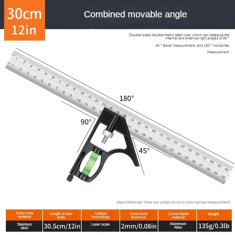 12inch Adjustable Combination Right Angle Ruler 45 / 90 Degree