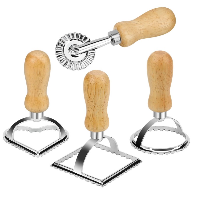 

4pcs, Professional Ravioli Cutter Set With Wooden Handle - Perfect For Making Round And Square Shaped Ravioli And Pasta - Kitchen Baking Tools
