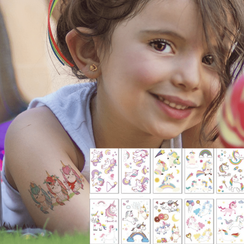 Acquista 10 pz/lotto Set di Tatuaggi Unicorno a Colori Viso Tatuaggio  Temporaneo Bambino Adesivo per Tatuaggi Corpo Tatoo per Bambini Tatuaggi  per Bambini Tatuaggi Svegli