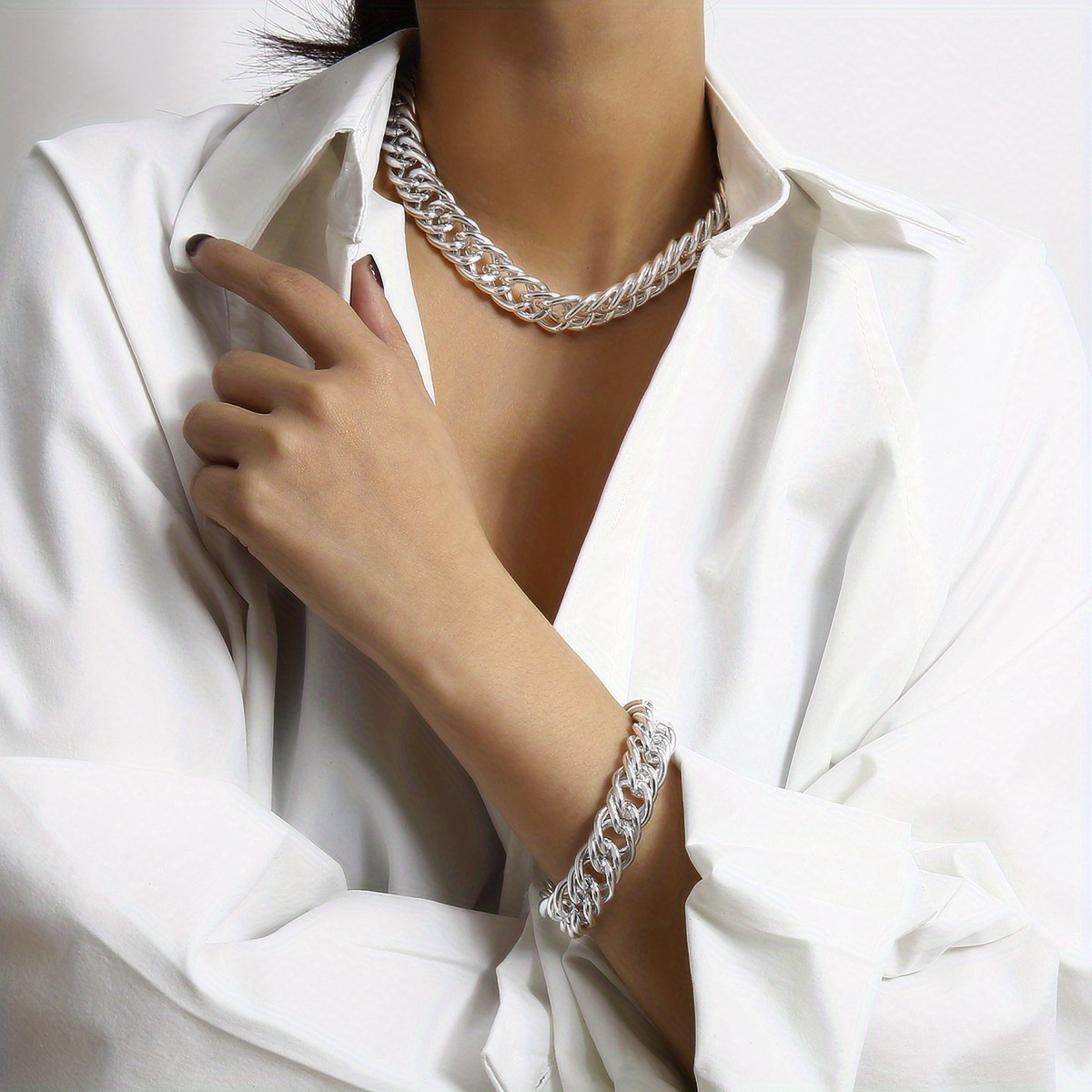 Girl's O-shape Chain, Metal Bracelet And Necklace Set, Elegant