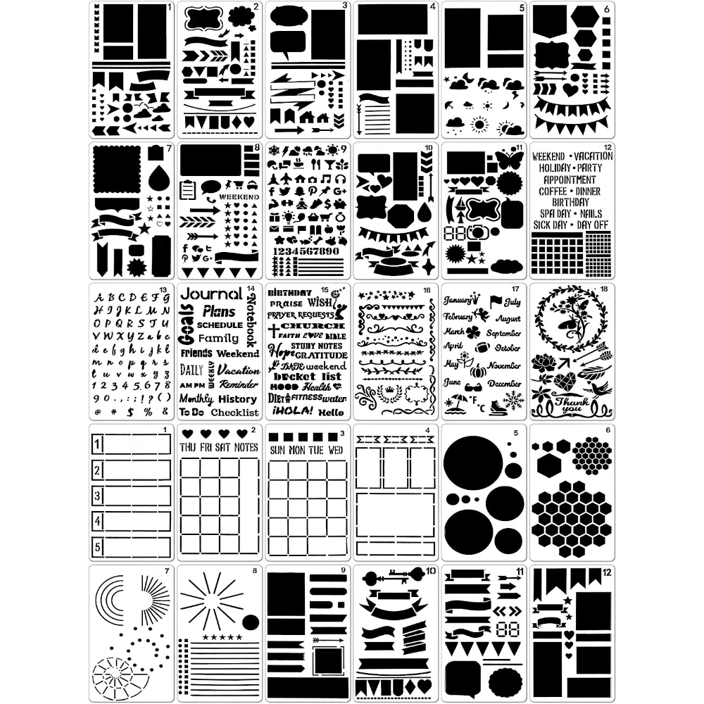 15pcs Ultimate Productivity Journal Stencil Set - Custom-Designed Supplies  For Bullet Dotted Journal Planners, DIY Templates To Create Calendars, List
