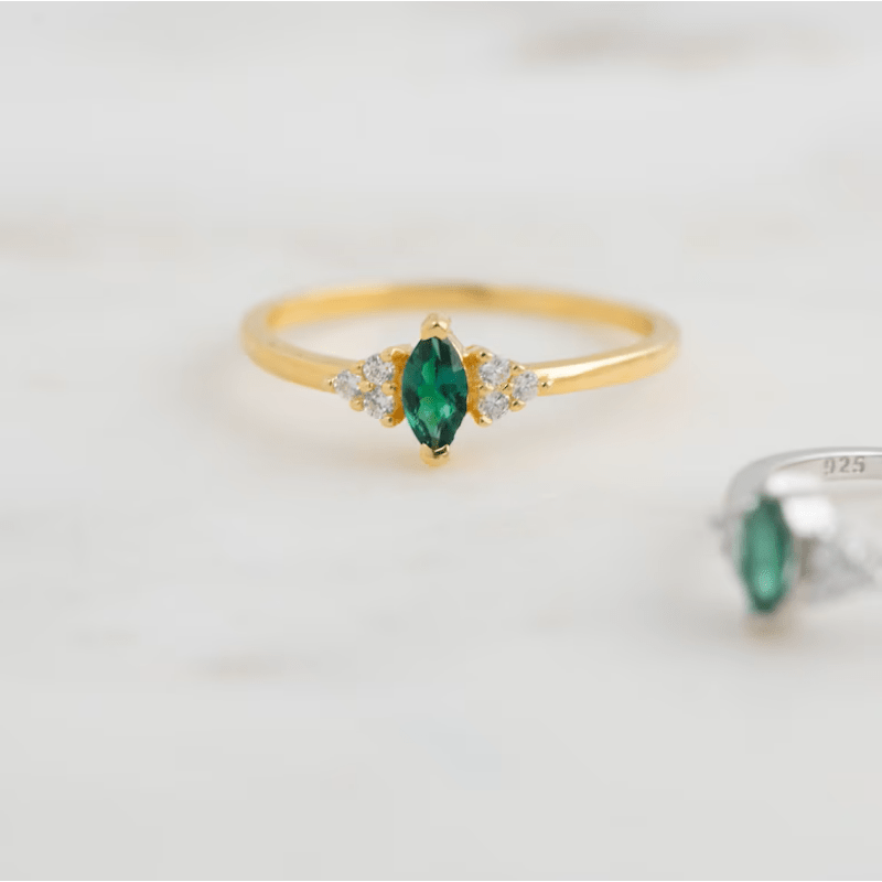 Emerald Oval Zircon Ring, 14K Plated, Dainty Gift