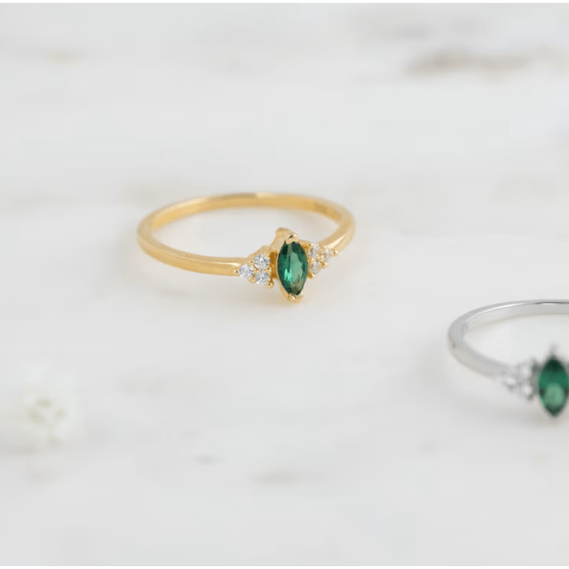Emerald Oval Zircon Ring, 14K Plated, Dainty Gift