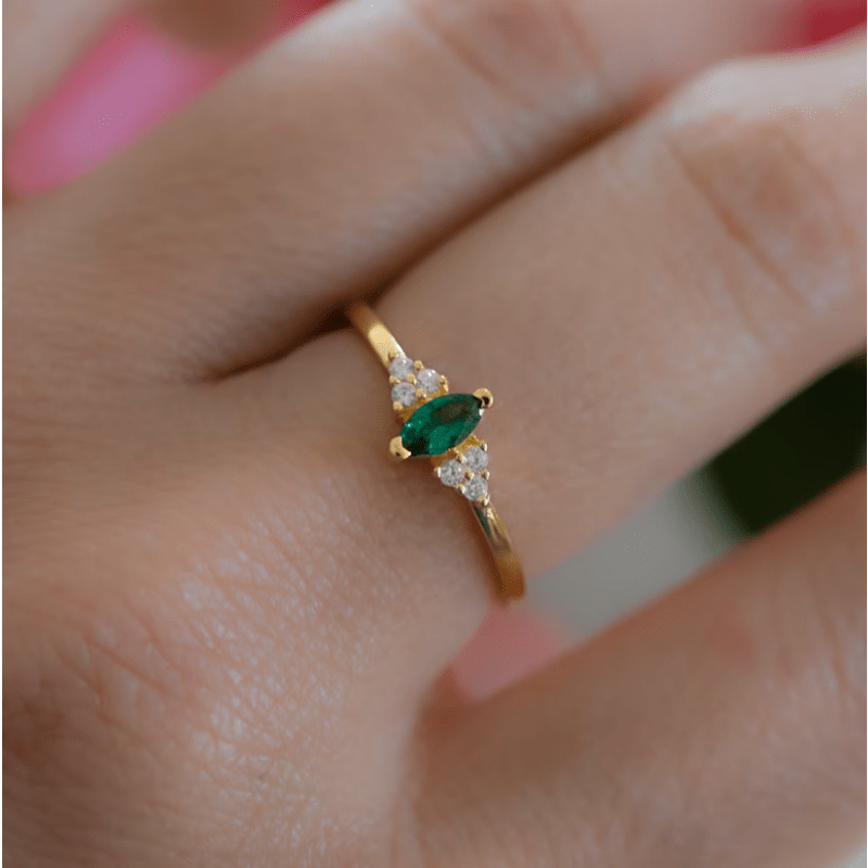 Emerald Oval Zircon Ring, 14K Plated, Dainty Gift