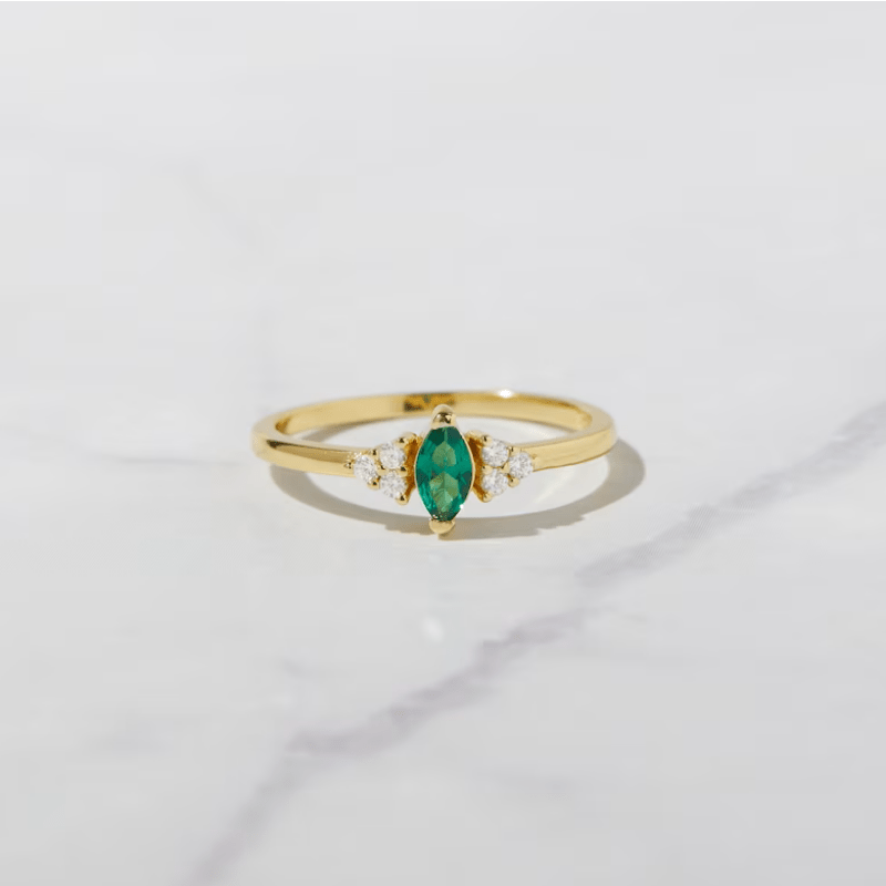 Emerald Oval Zircon Ring, 14K Plated, Dainty Gift