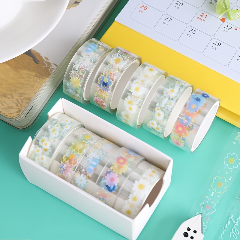 

5 Rolls Transparent Decorative Tape, Pet Waterproof Self-adhesive Flower Daisy Pattern Decorative Masking Sticker, Clear Tape For Diy Scrapbooking, Crafts, Gift Wrapping
