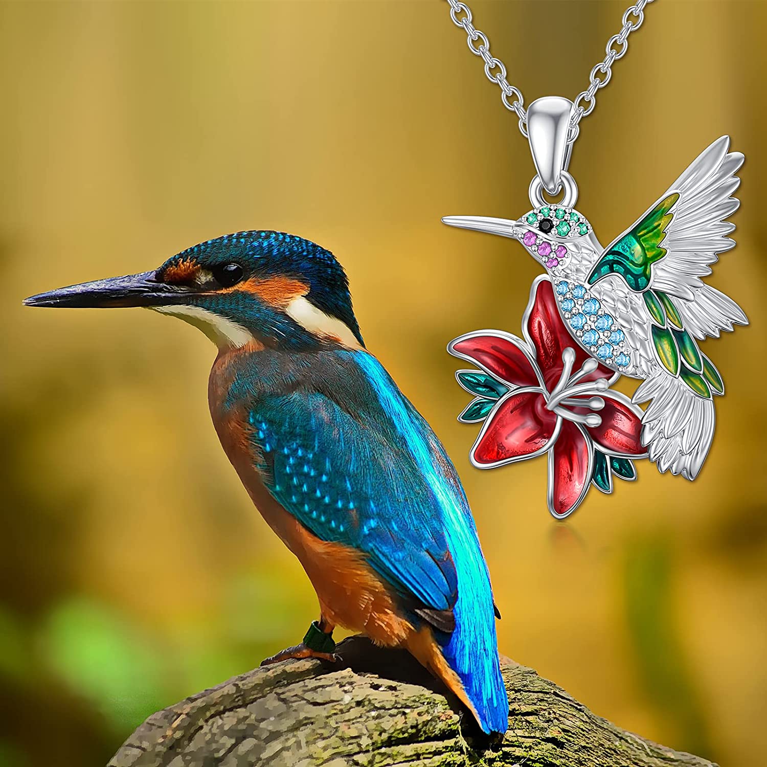 cute delicate hummingbird red flower pendant necklace for girls as a birthday or christmas gift details 1