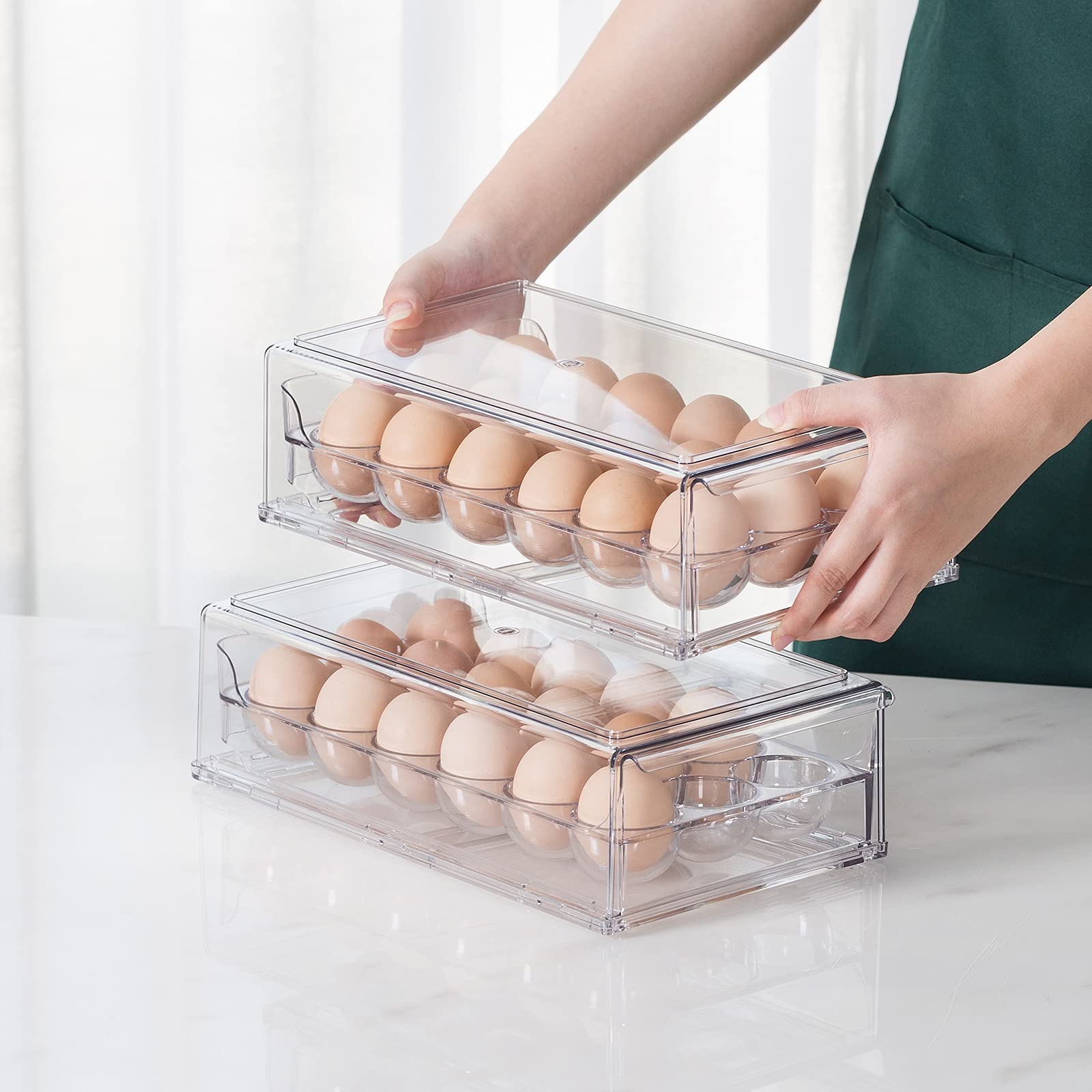 Egg Container for Refrigerator BPA Free Refrigerator Organizer  Bins,Stackable Egg Holder for Refrigerator,18 Egg Tray,Clear