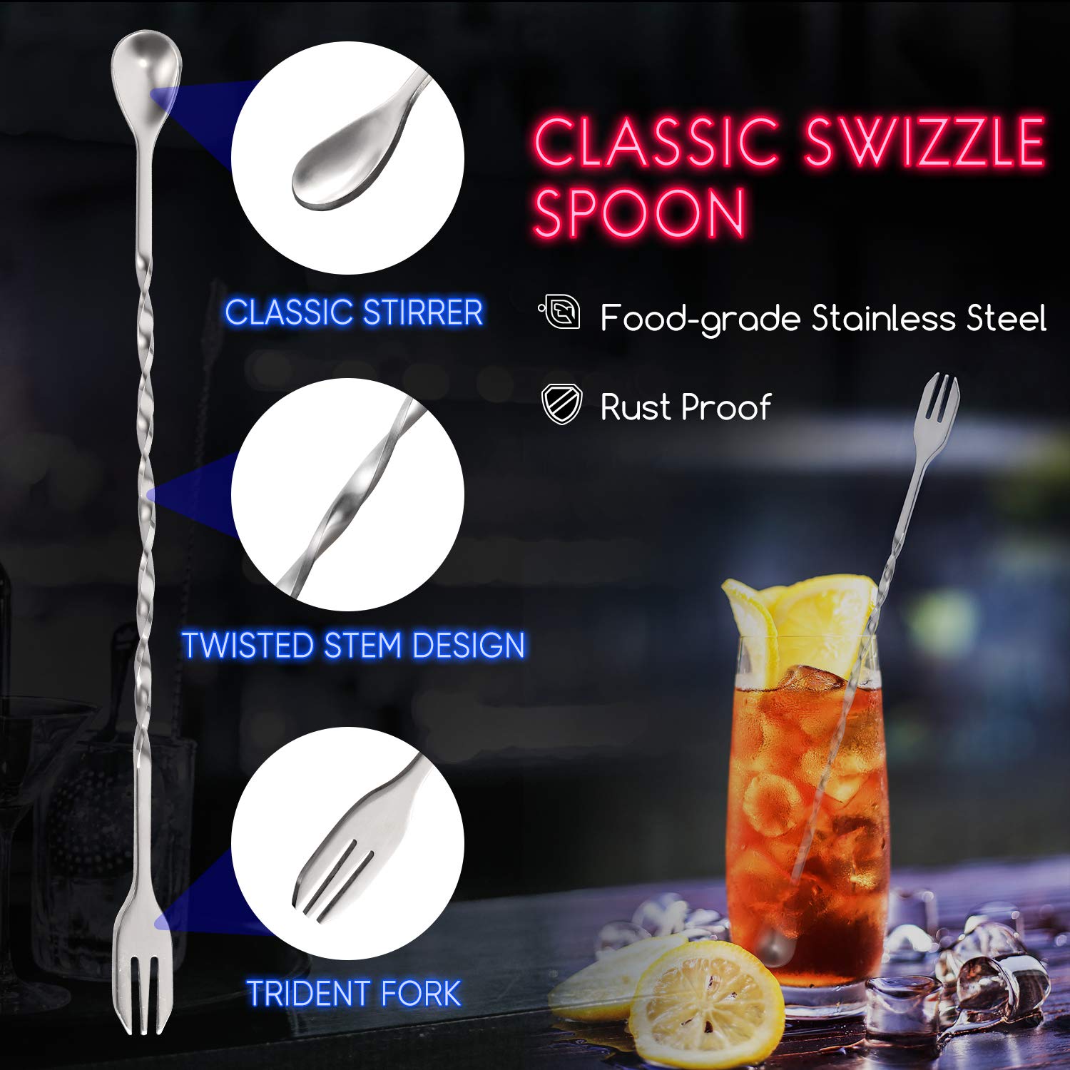 Stainless Steel Cocktail Mixing Bar Spoon with Twisted Stem & Muddler End