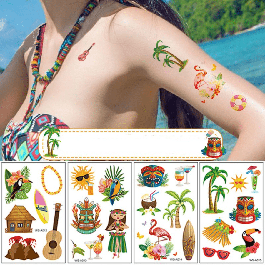  60 tatuajes temporales de verano para niños, recuerdos de  fiesta en la piscina, tatuaje temporal hawaiano Luau Beach, calcomanías de  tatuaje de sandía, fresa, piña, flamenco para suministros de fiesta de