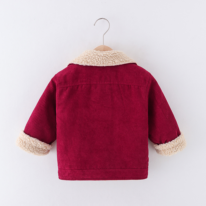 Toddler Girl Lapel Collar Button Design Fuzzy Fleece Lined Corduroy Coat