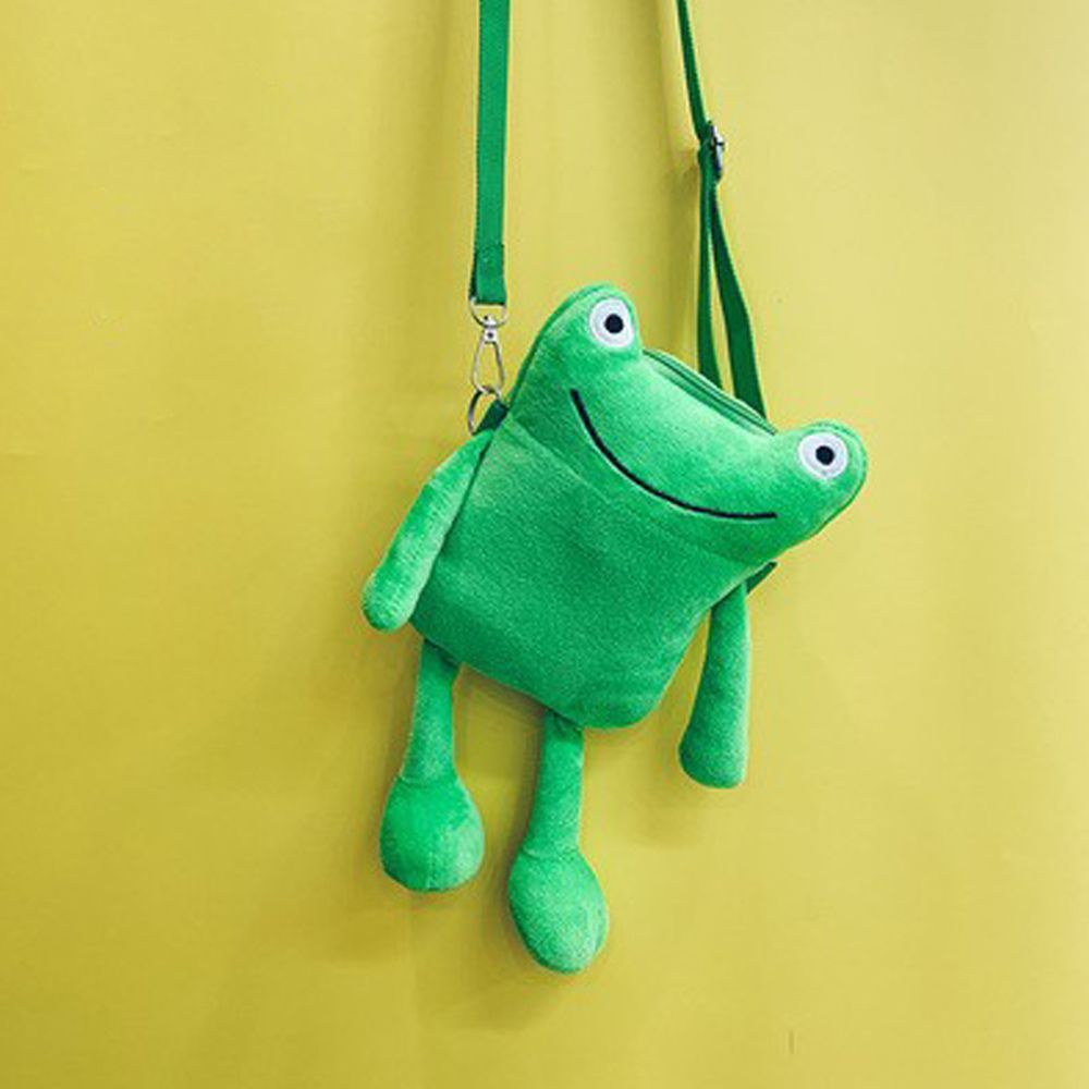 Kawaii Cartoon Frog Shaped Bag, Plush Green Zipper Shoulder Bag, Trendy Versatile Purse,Temu
