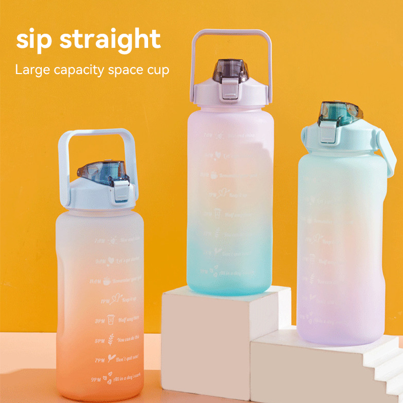 2L Sports Stickers Water Bottle Large Capacity Straw Gradient