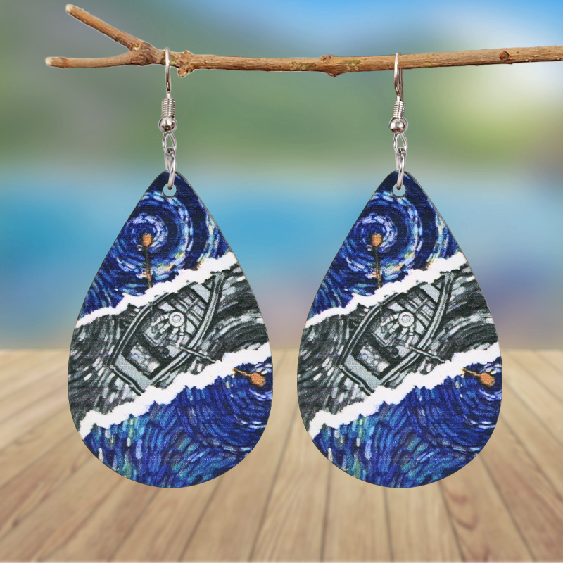 Blue Ocean Boat Oil Painting Print Earrings Water Drop - Temu