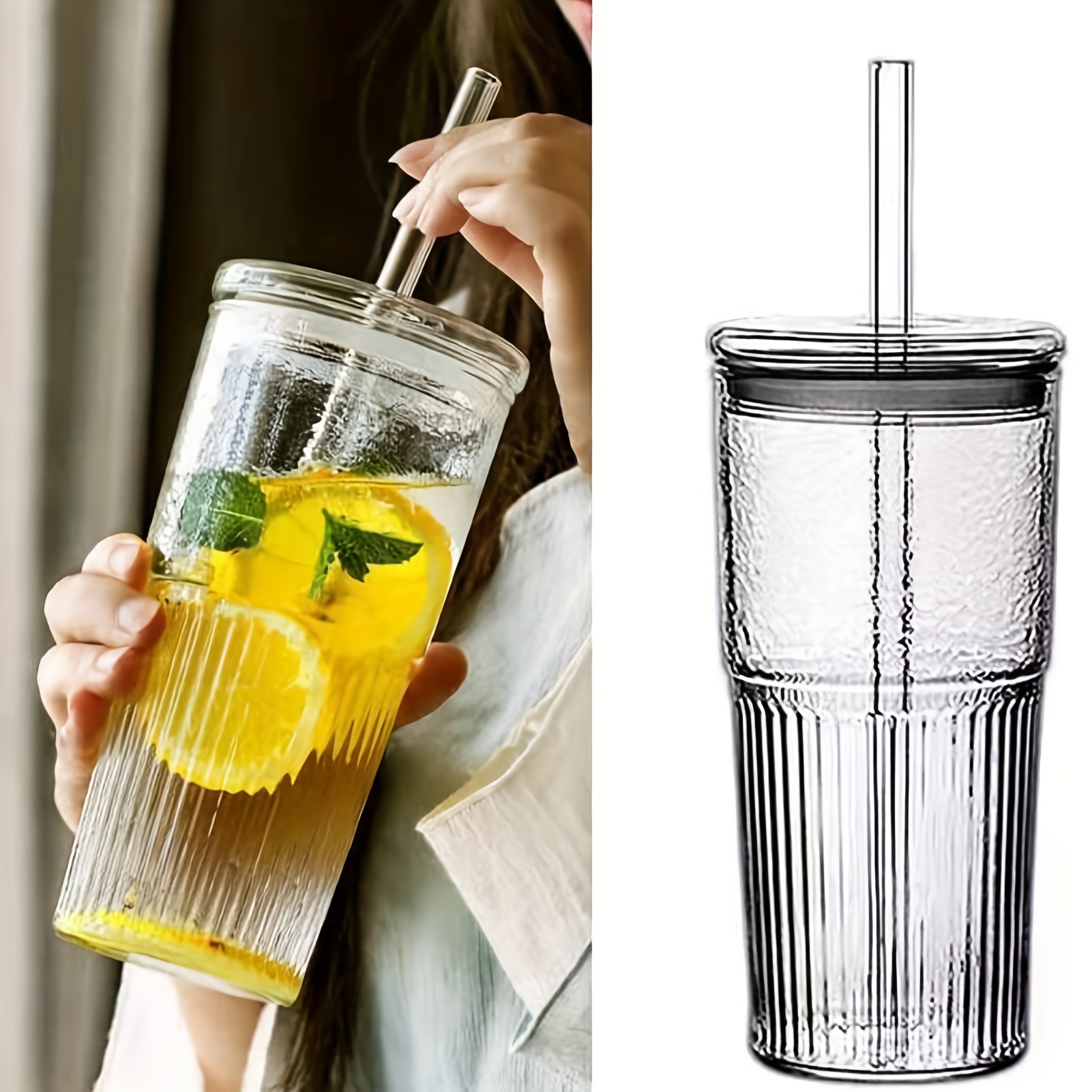 Glass Tumbler with Straw and Lid 16 oz,Glass Iced Coffee Mug for Bubble  Tea,Smoothie,Juice(Ice Transparent Aurora)