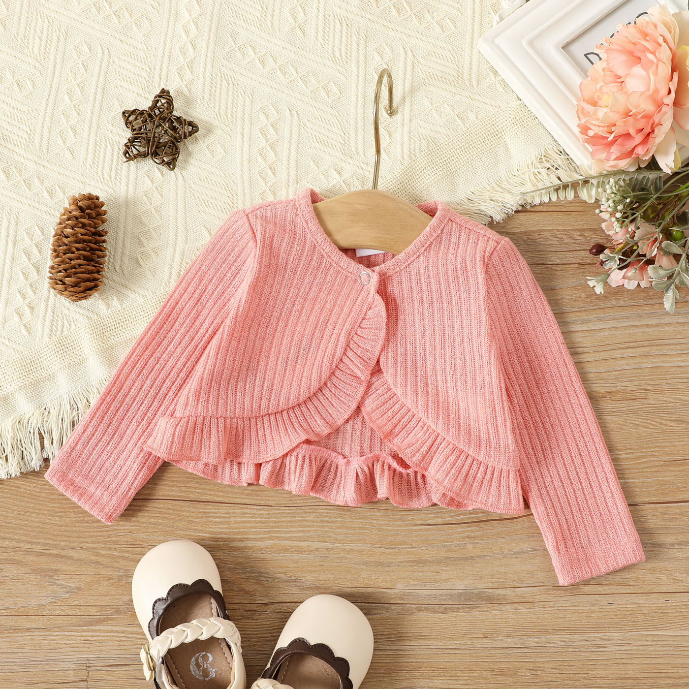 

Patpat Baby Girl Adorable Solid Rib Knit Ruffle Trim Round Neck Long-sleeve Cardigan/crop Top For Spring & Autumn/fall
