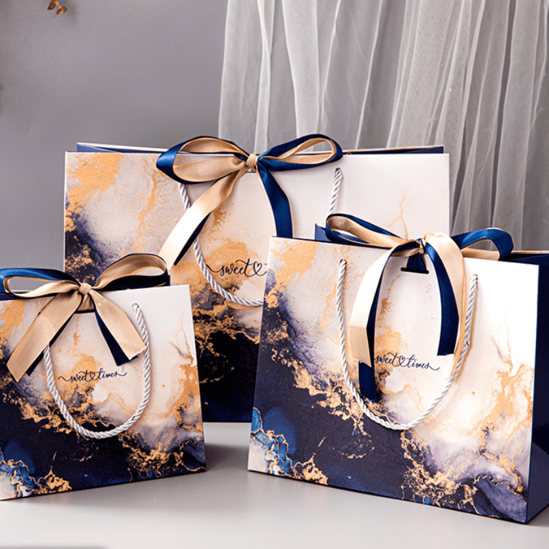 Royal Blue Paper Bag Marble Pattern Tote Ribbon Gift Bag - Temu
